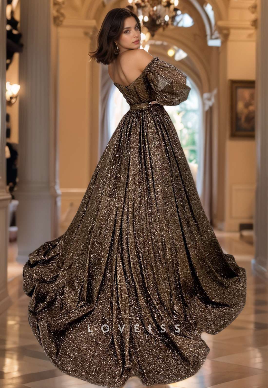 Off-Shoulder Long Sleeves Pleated Sparkly Prom Dress