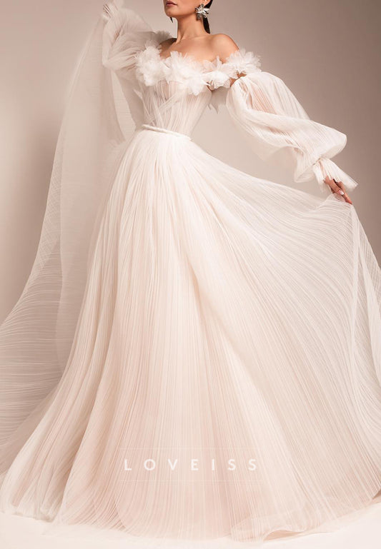 Off-Shoulder Long Sleeves Pleated Tulle A-Line Wedding Dress