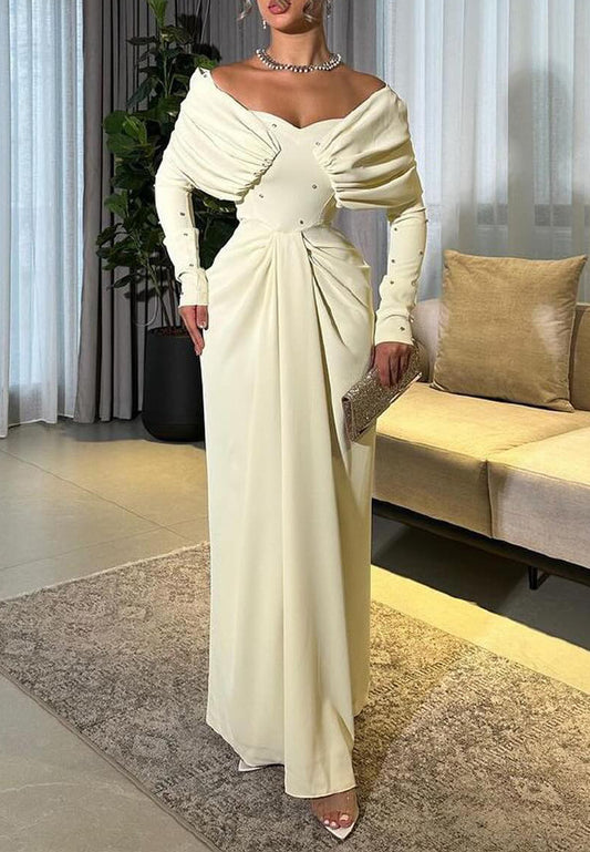 Off-Shoulder Long Sleeves Ruched Beaded Sheath Evening Dress