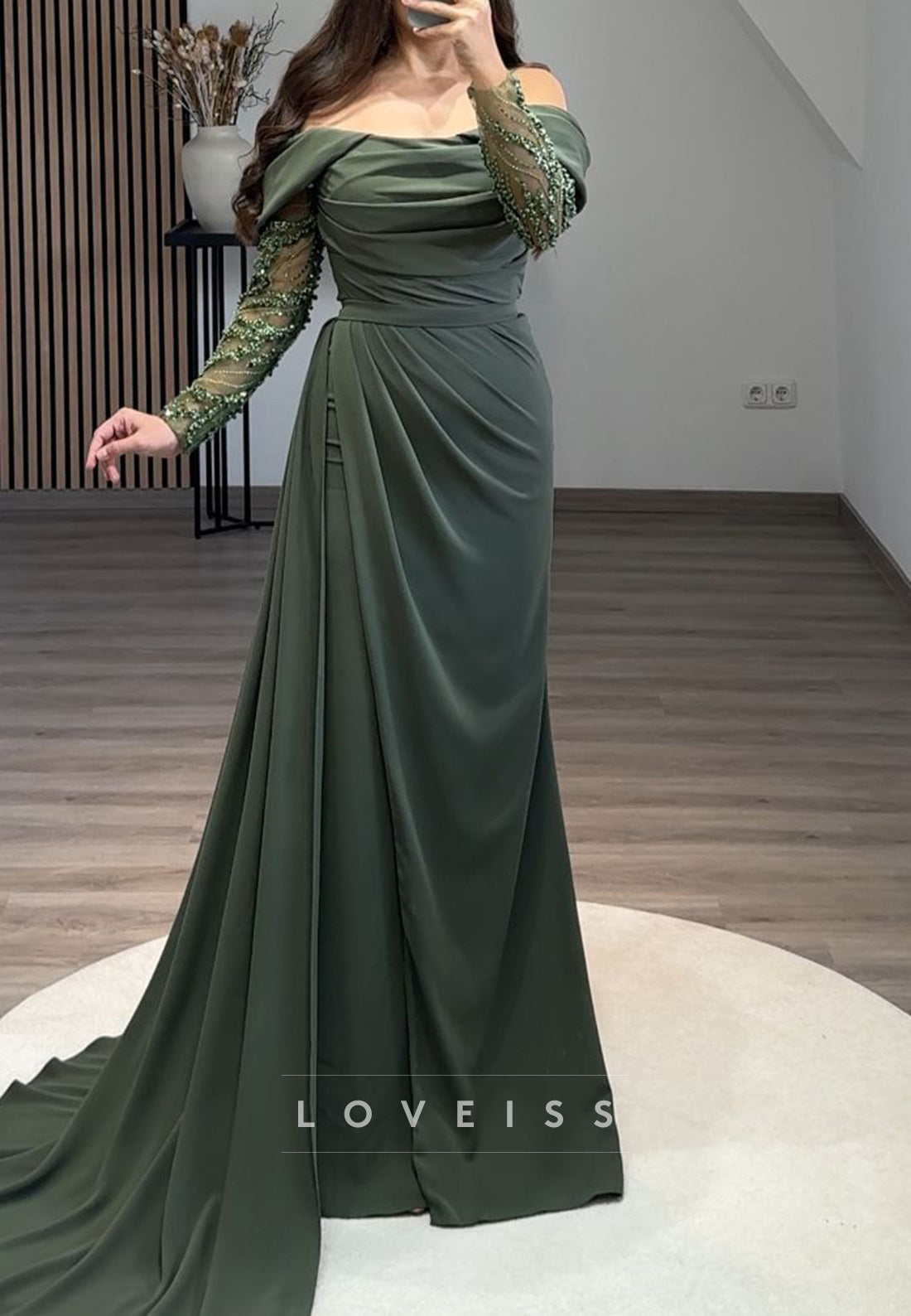 Off-Shoulder Long Sleeves Ruched Sheath Formal Dress