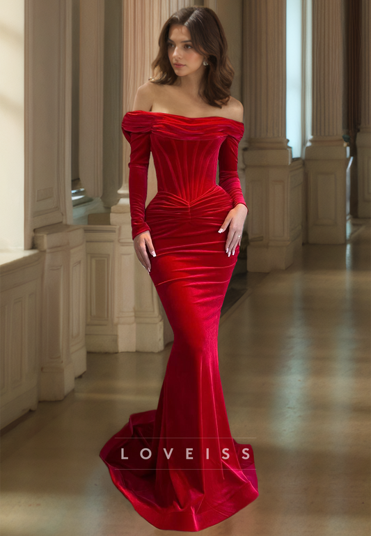 Off-Shoulder Long Sleeves Ruched Velvet Mermaid Prom Dress