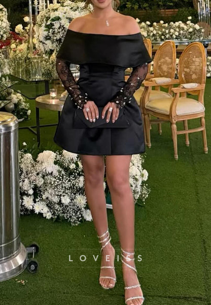 Off-Shoulder Long Sleeves Satin A-Line Party Homecoming Dress