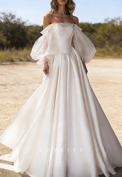 Off-Shoulder Long Sleeves Satin A-Line Pretty Wedding Dress