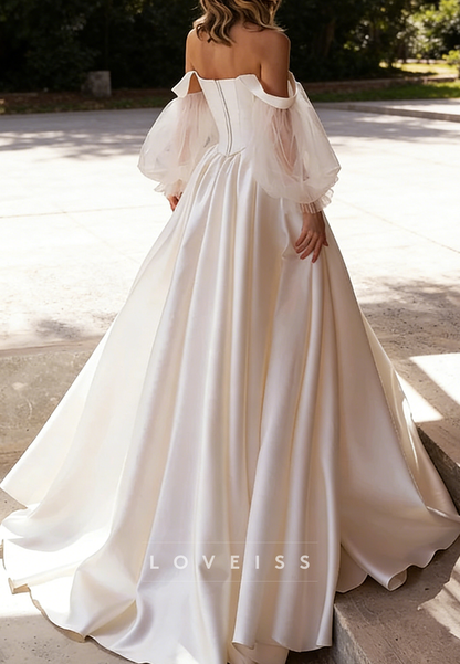 Off-Shoulder Long Sleeves Satin A-Line Pretty Wedding Dress