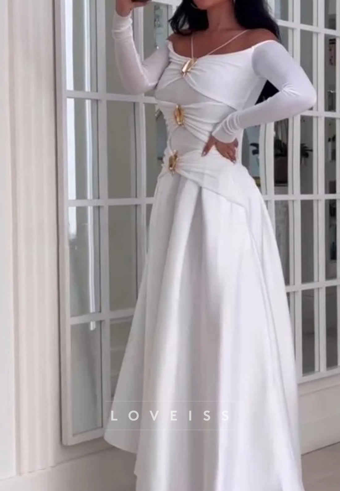 Off-Shoulder Long Sleeves Satin A-Line Wedding Dress