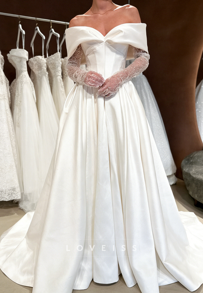 Off-Shoulder Long Sleeves Satin A-Line Wedding Dress