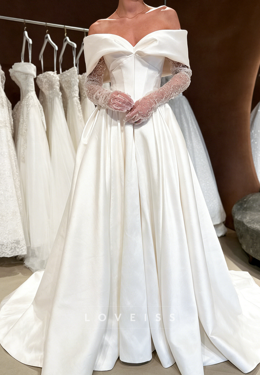 Off-Shoulder Long Sleeves Satin A-Line Wedding Dress