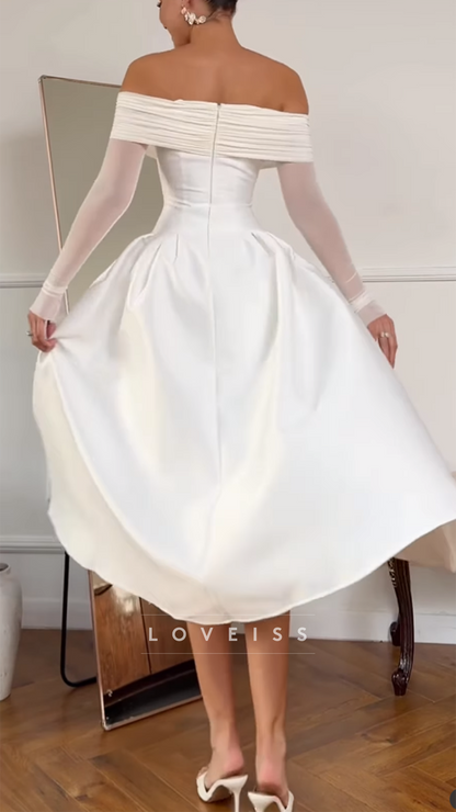Off-Shoulder Long Sleeves Satin A-Line Wedding Dress