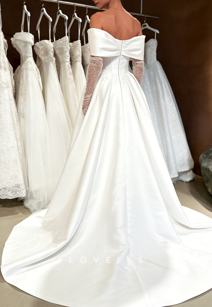 Off-Shoulder Long Sleeves Satin A-Line Wedding Dress