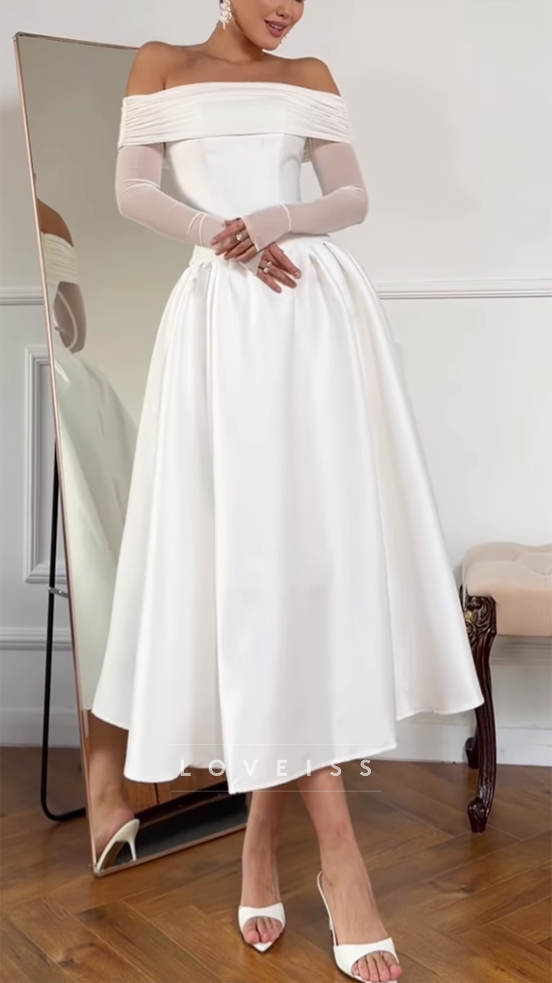 Off-Shoulder Long Sleeves Satin A-Line Wedding Dress
