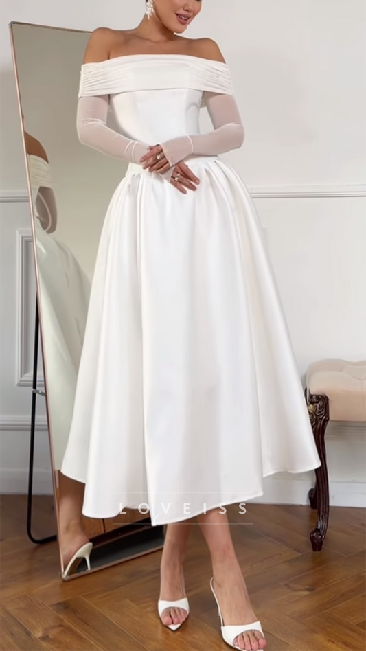 Off-Shoulder Long Sleeves Satin A-Line Wedding Dress