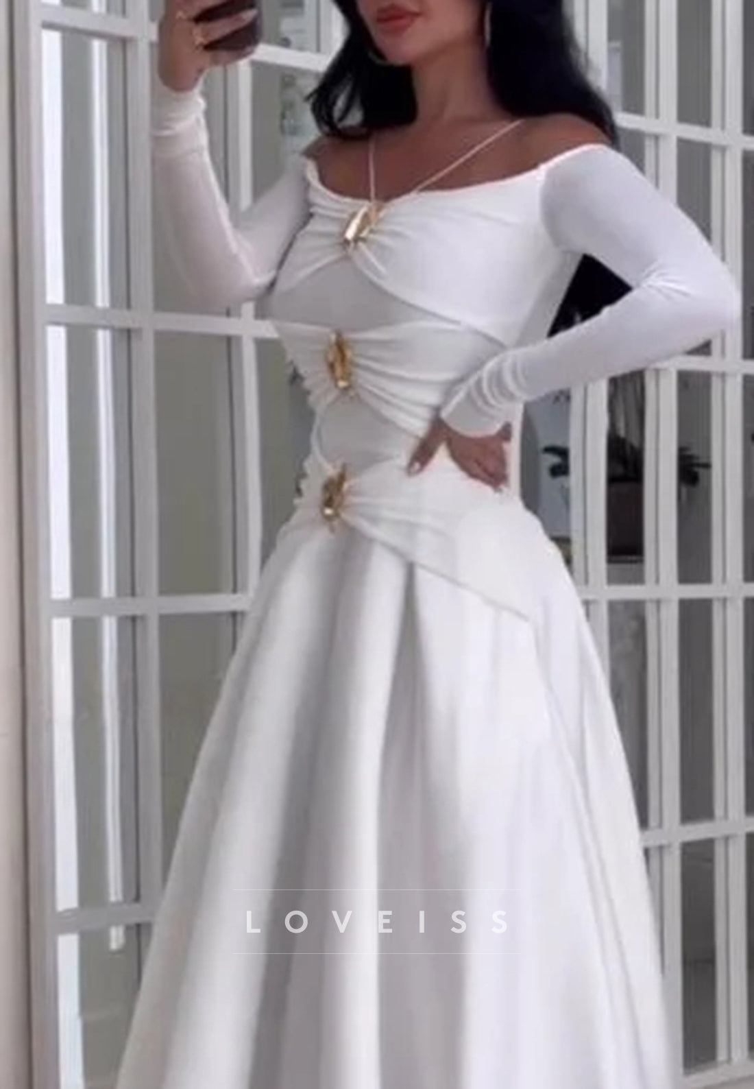 Off-Shoulder Long Sleeves Satin A-Line Wedding Dress