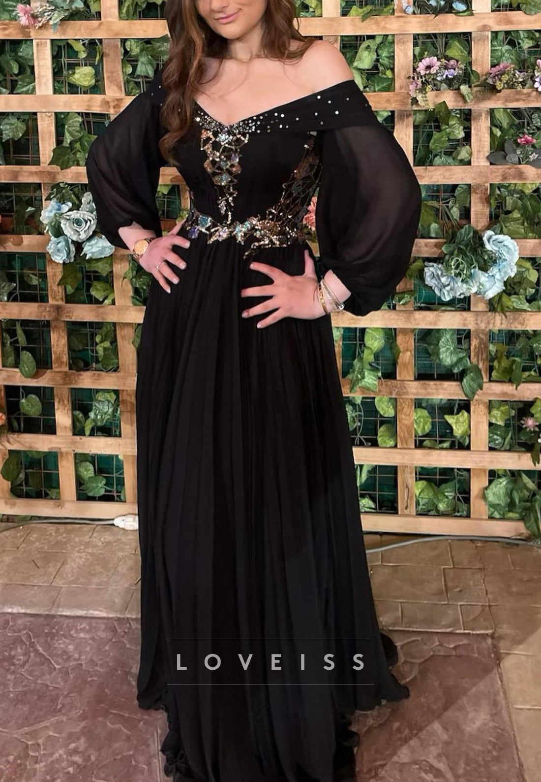 Off-Shoulder Long Sleeves Sequins Appliques A-Line Prom Dress