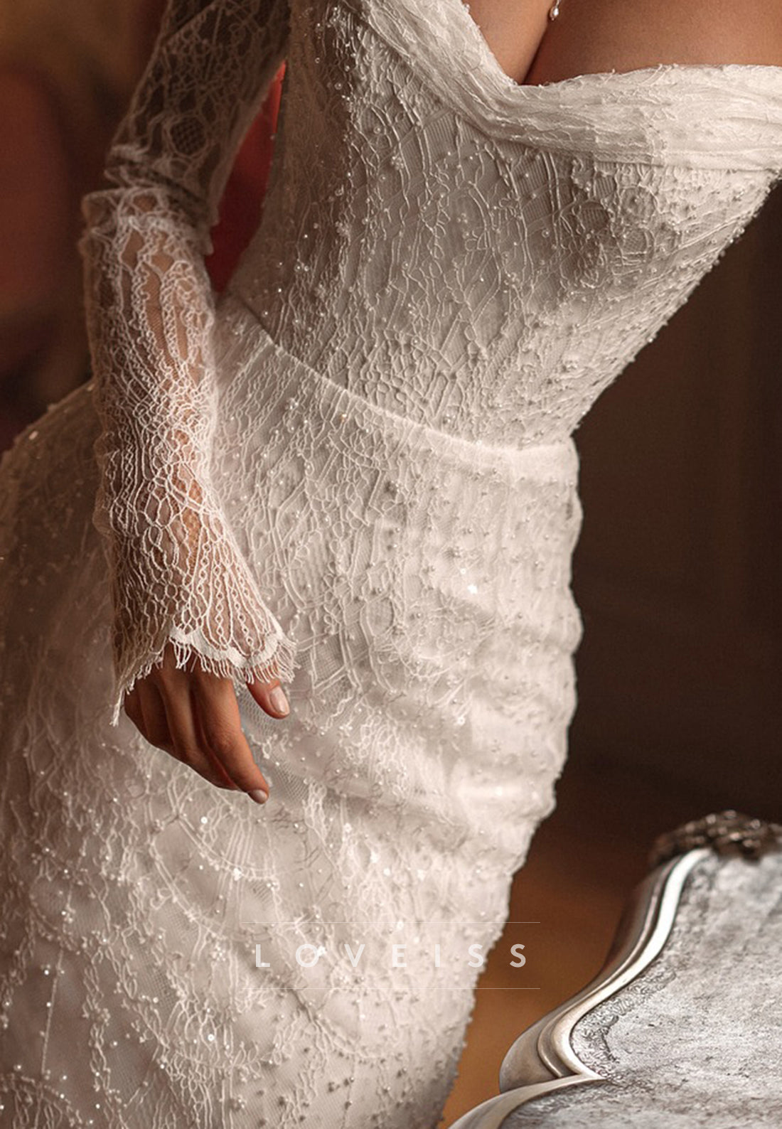 Off-Shoulder Long Sleeves Sequins Appliques Mermaid Wedding Dress