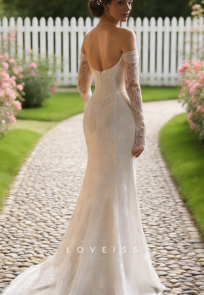 Off-Shoulder Long Sleeves Sequins Appliques Mermaid Wedding Dress