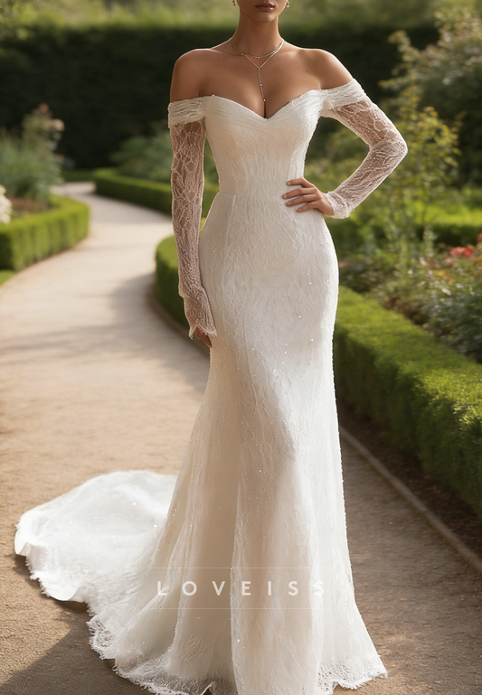 Off-Shoulder Long Sleeves Sequins Appliques Mermaid Wedding Dress