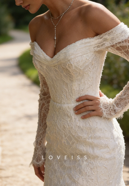 Off-Shoulder Long Sleeves Sequins Appliques Mermaid Wedding Dress