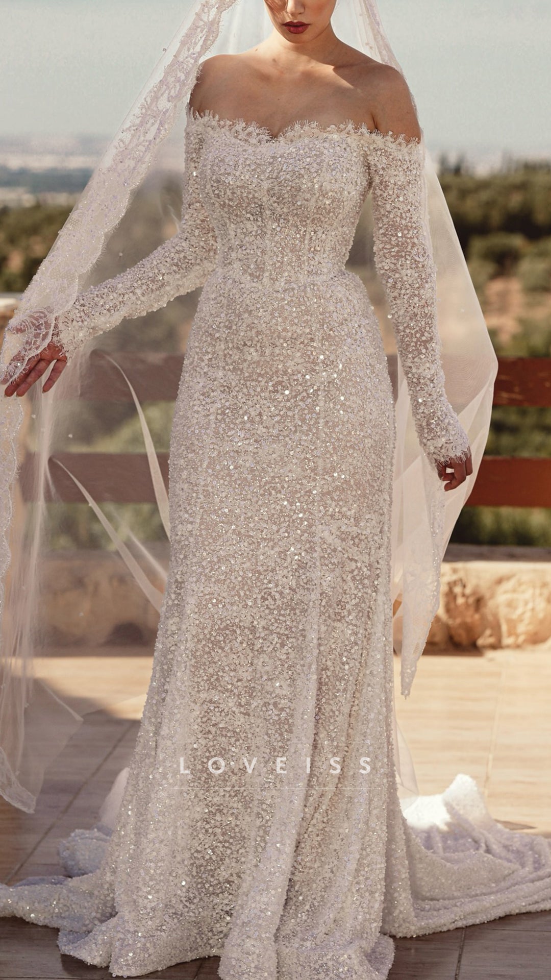 Off-Shoulder Long Sleeves Sequins Mermaid Wedding Dress