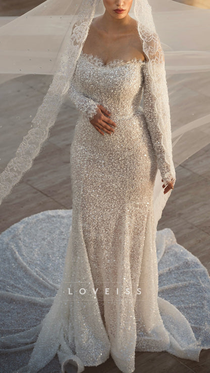 Off-Shoulder Long Sleeves Sequins Mermaid Wedding Dress