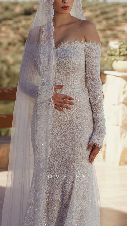 Off-Shoulder Long Sleeves Sequins Mermaid Wedding Dress