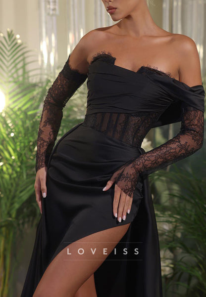 Off-Shoulder Long Sleeves Side Slit Sheath Prom Dress