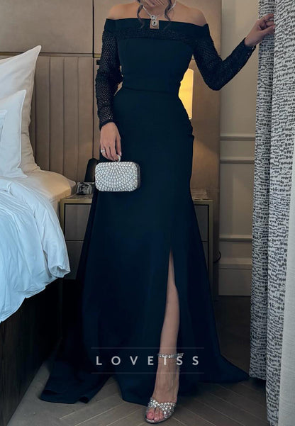 Off-Shoulder Long Sleeves Sleek Bodycon Sheath Evening Dress