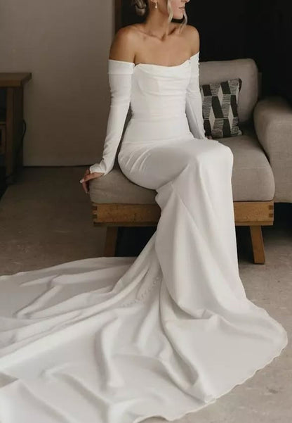 Off-Shoulder Long Sleeves Sleek Mermaid Beach Wedding Dress