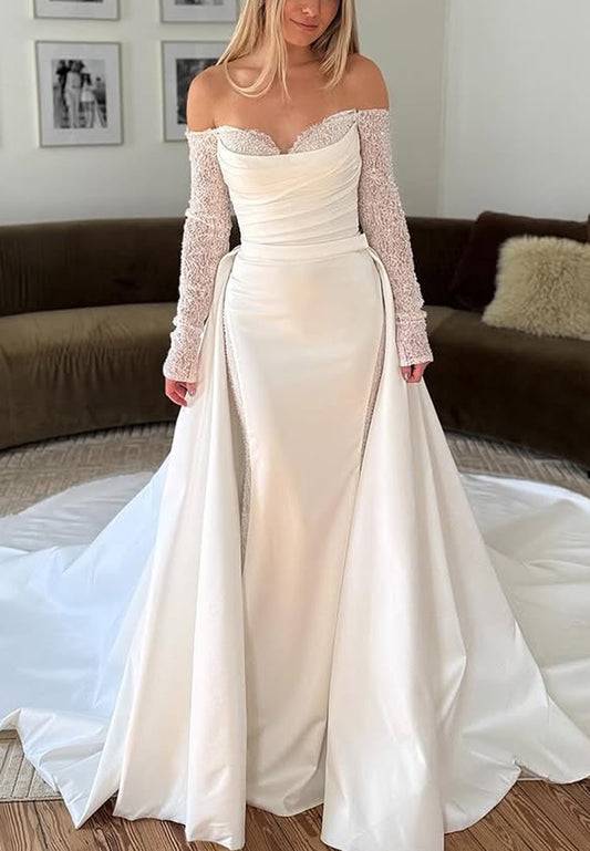 Off-Shoulder Long Sleeves Sleek Mermaid Wedding Dress