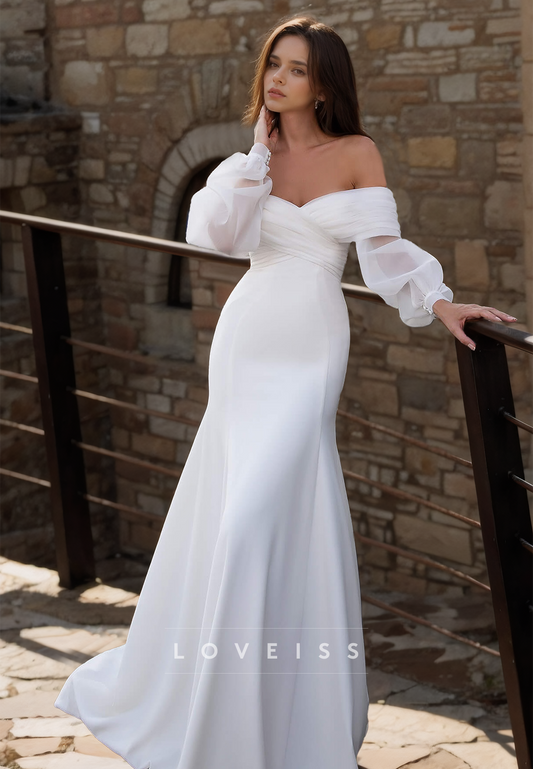 Off-Shoulder Long Sleeves Sleek Satin Mermaid Beach Wedding Dress