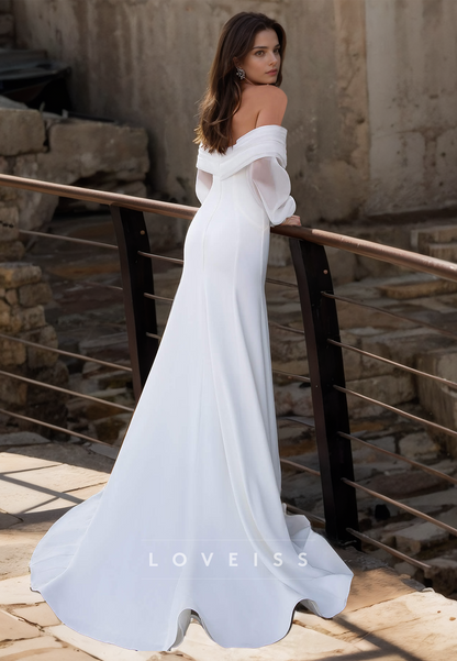 Off-Shoulder Long Sleeves Sleek Satin Mermaid Beach Wedding Dress