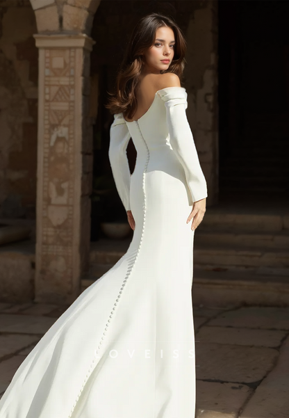 Off-Shoulder Long Sleeves Sleek Satin Mermaid Wedding Dress