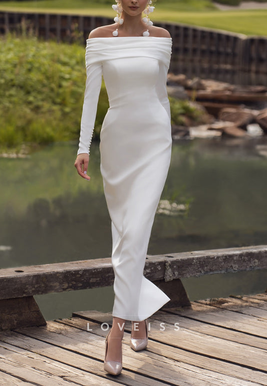 Off-Shoulder Long Sleeves Sleek Sheath Simple Wedding Dress