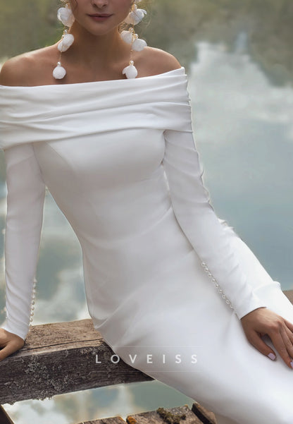 Off-Shoulder Long Sleeves Sleek Sheath Simple Wedding Dress