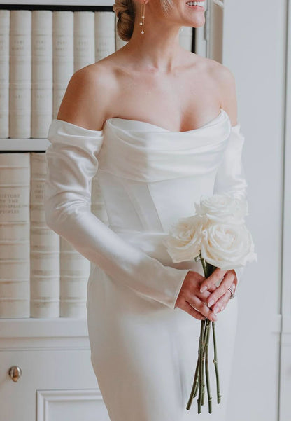 Off-Shoulder Long Sleeves Sleek Sheath Wedding Dress