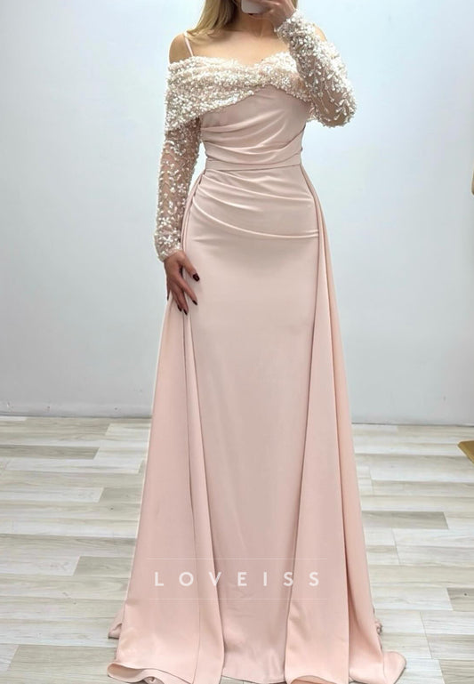Off-Shoulder Long Sleeves Spaghetti Straps Sheath Formal Dress