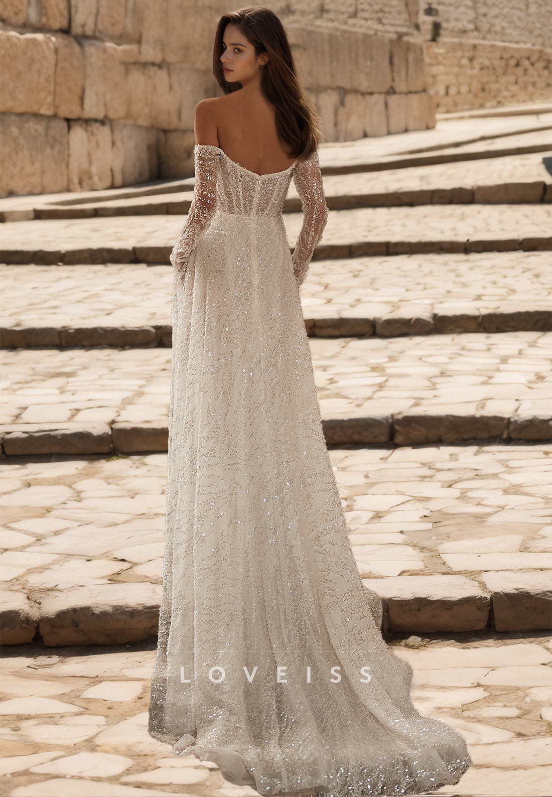 Off-Shoulder Long Sleeves Sparkly Tulle Side Slit A-Line Beach Wedding Dress