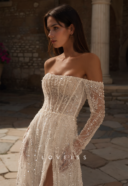 Off-Shoulder Long Sleeves Sparkly Tulle Side Slit A-Line Beach Wedding Dress