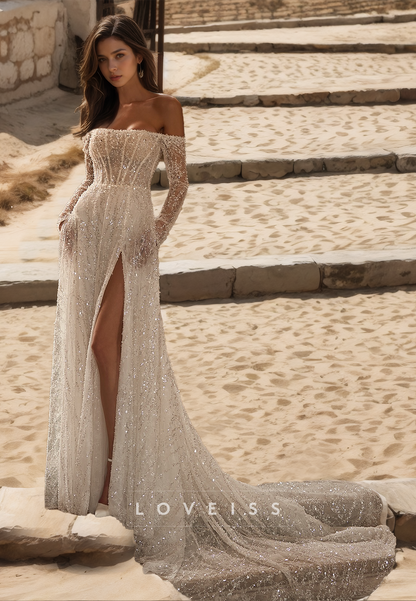 Off-Shoulder Long Sleeves Sparkly Tulle Side Slit A-Line Beach Wedding Dress