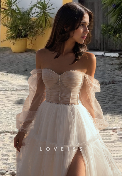 Off-Shoulder Long Sleeves Tulle A-Line Beach Wedding Dress