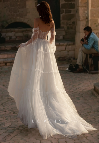 Off-Shoulder Long Sleeves Tulle A-Line Beach Wedding Dress