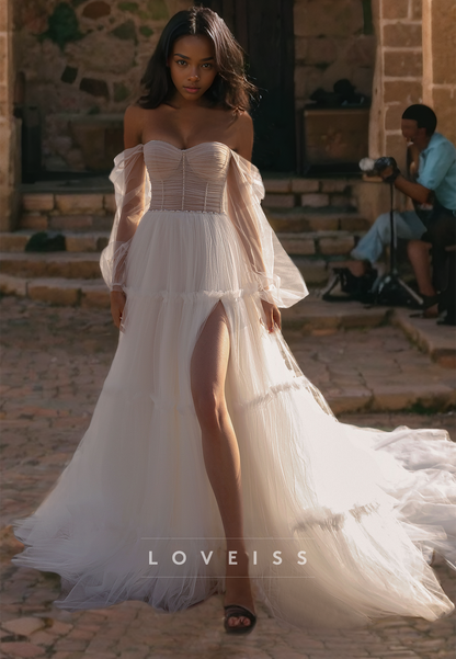 Off-Shoulder Long Sleeves Tulle A-Line Beach Wedding Dress