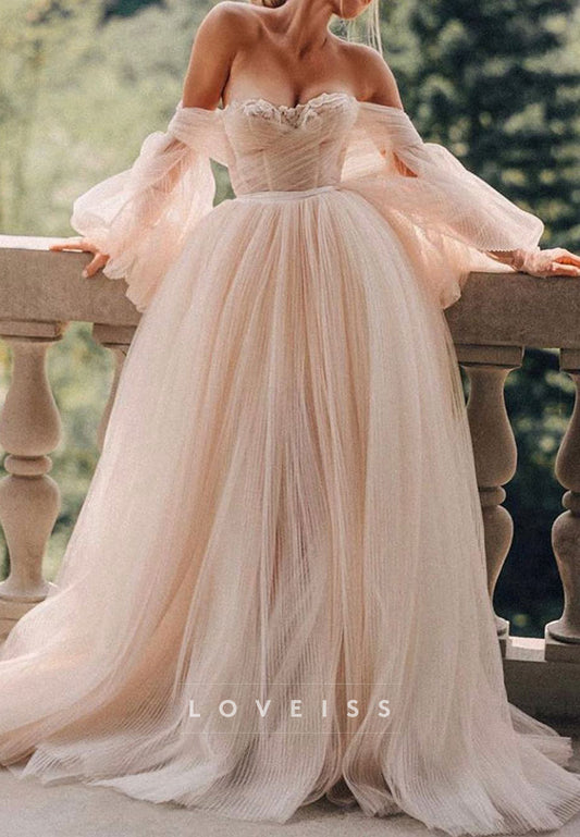 Off-Shoulder Long Sleeves Tulle Pleated A-Line Wedding Dress