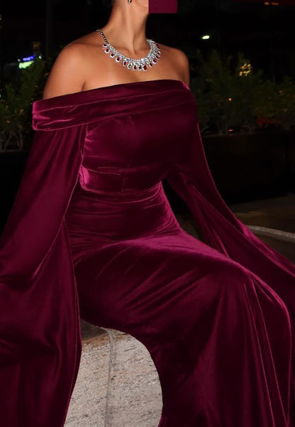 Off-Shoulder Long Sleeves Velvet Sleek Mermaid Formal Dress