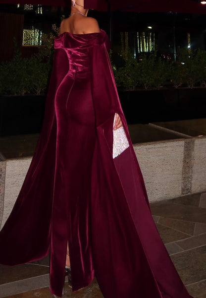Off-Shoulder Long Sleeves Velvet Sleek Mermaid Formal Dress