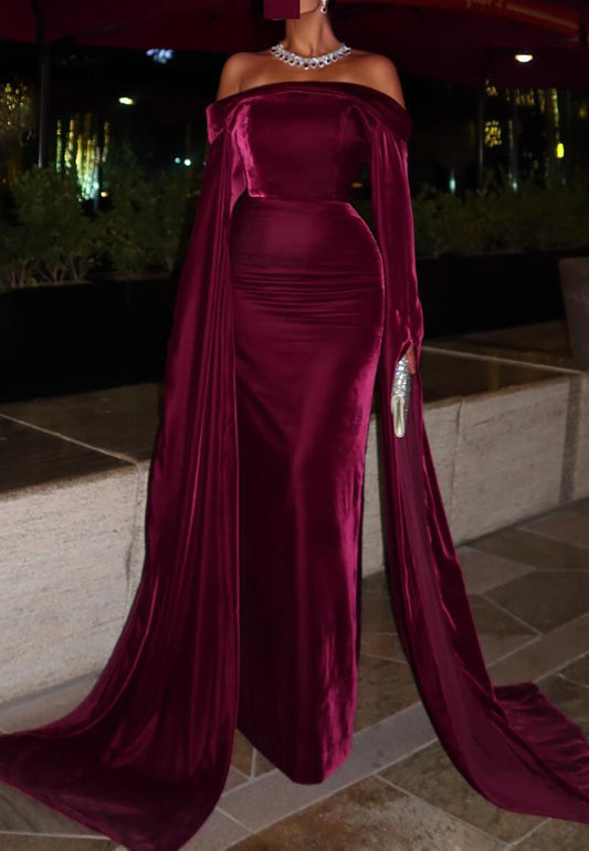 Off-Shoulder Long Sleeves Velvet Sleek Mermaid Formal Dress