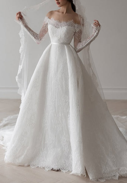 Off-Shoulder Long Sleevess Lace Appliques A-Line Wedding Dress