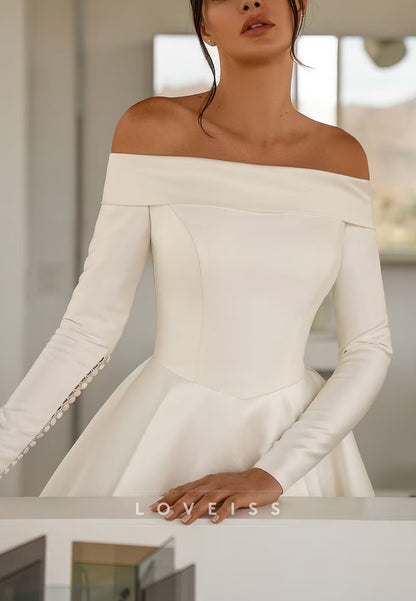 Off-Shoulder Long Sleevs Satin A-Line Classic Wedding Dress