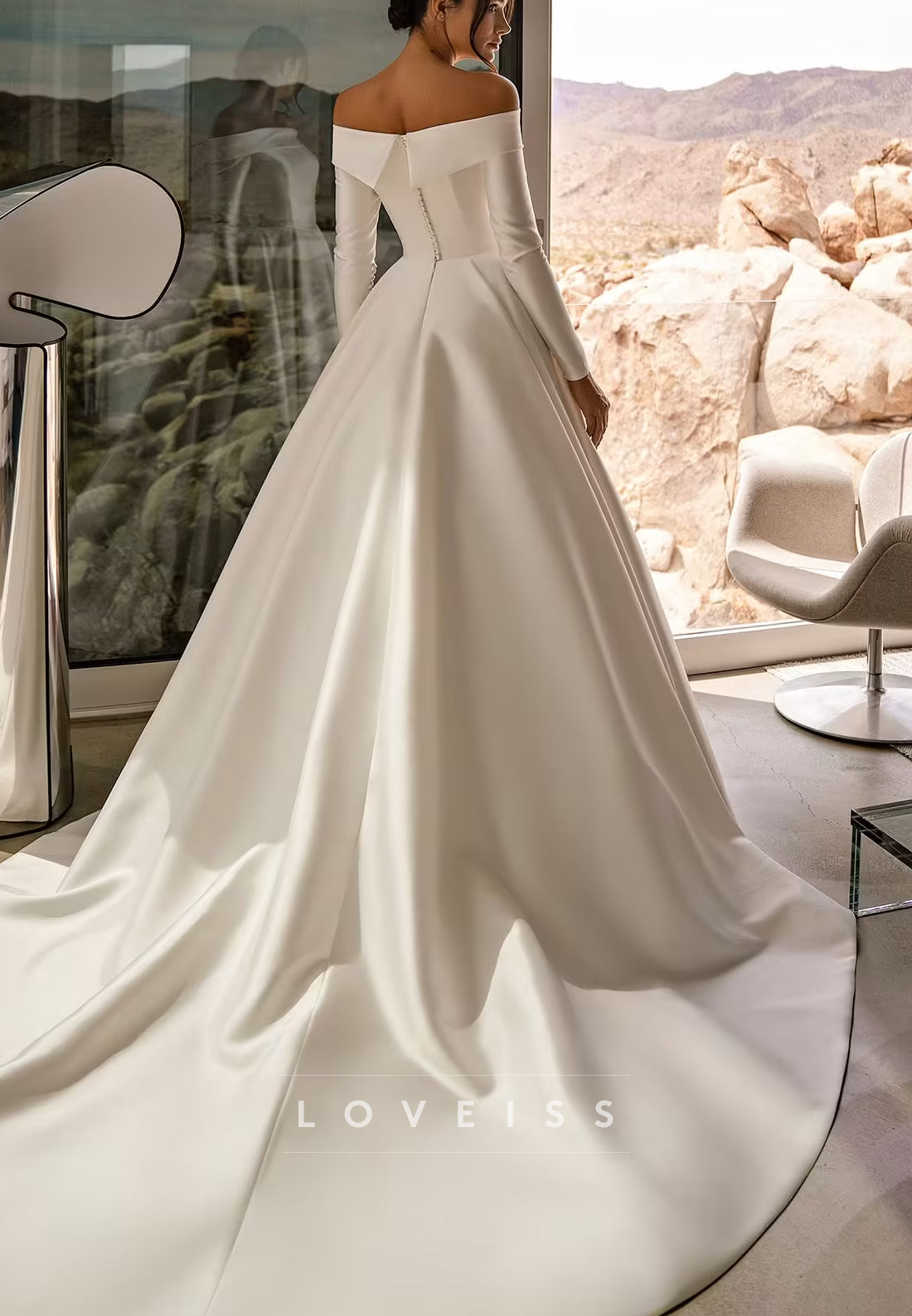 Off-Shoulder Long Sleevs Satin A-Line Classic Wedding Dress