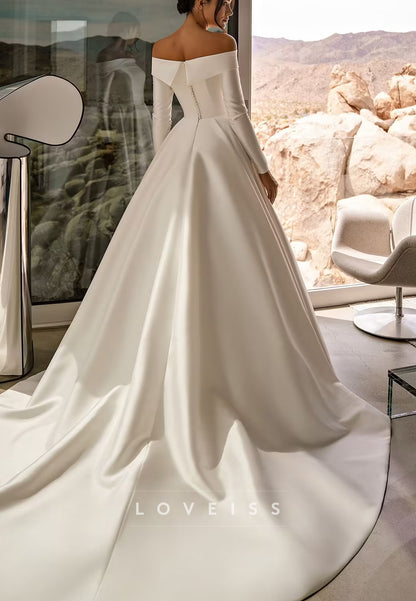 Off-Shoulder Long Sleevs Satin A-Line Classic Wedding Dress