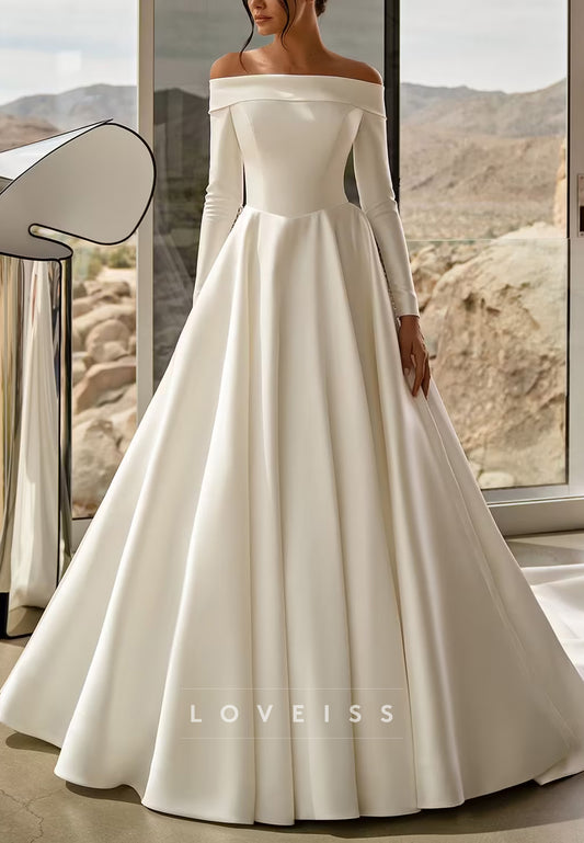 Off-Shoulder Long Sleevs Satin A-Line Classic Wedding Dress